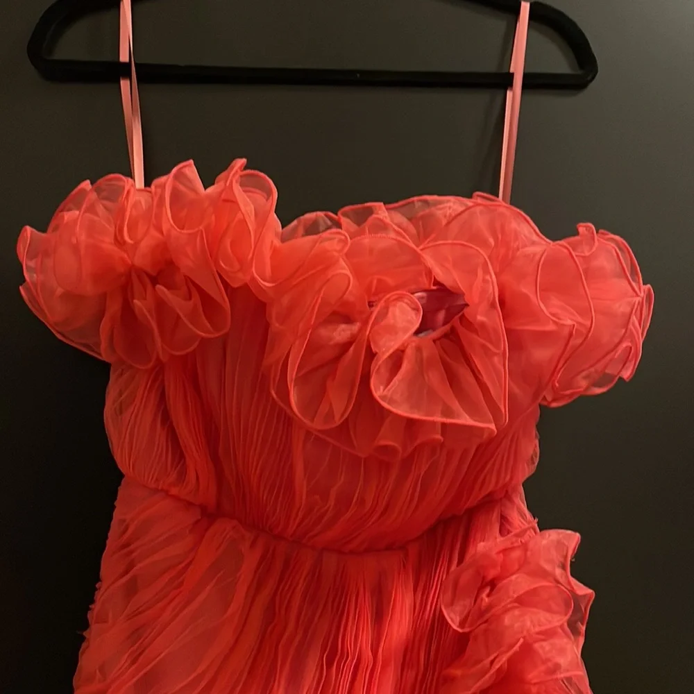 ASOS DESIGN Ruffle Mesh Red/Pink Mini Dress - Picture 3 of 7